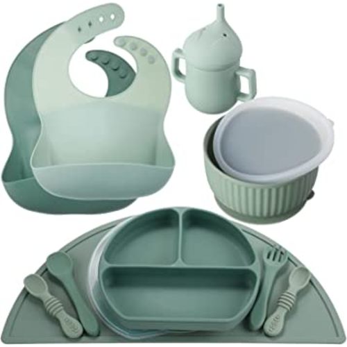 Baby Led Weaning Supplies Baby Feeding Set Toddlers Silicone Divided Suction Plate Suction Bowl, Adjustable Bib, First Stage Spoon Fork, Placemat, Straw Cup Infant Self Eating Utensil (Sage)