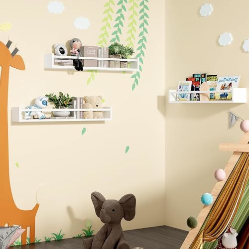 Fixwal Nursery Book Shelves, 23.6 Inch Floating Bookshelf for Wall, Set of 3, Nursery Decor, Solid Wood Wall Mounted Shelves for Books, Toys and Decor Storage (White)