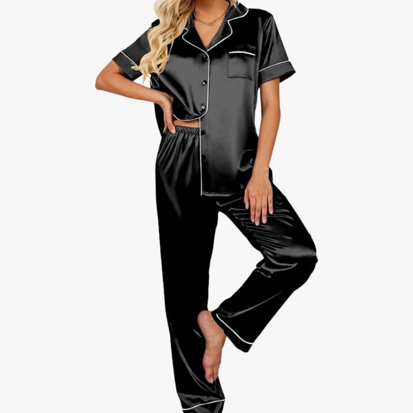 Ekouaer XL Silk Satin Pajamas Set Women Short Sleeve Sleepwear Soft Button Down Loungewear Pjs Set