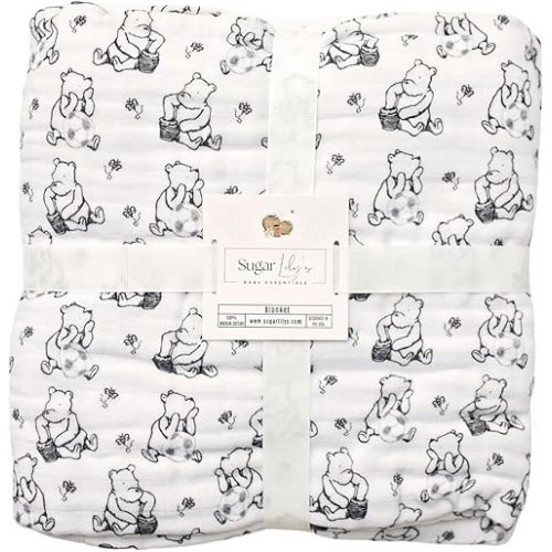 Sugar Lily's- Classic Pooh Black and White with Soccer Ball Motifs,6-Layer Muslin Cotton Blanket, Soft