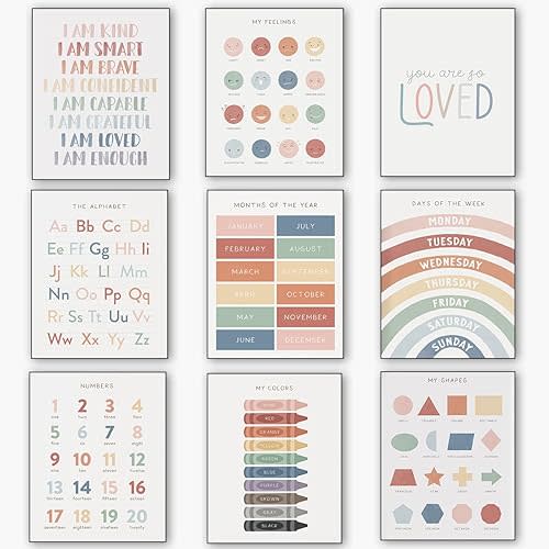 UNXIS Educational Charts Set of 9 Homeschool Supplies, Alphabet Poster, Learning Posters for Toddlers 1-3, Preschool Classroom Must Haves, days of the week for toddlers learning 8 x10 Unframed