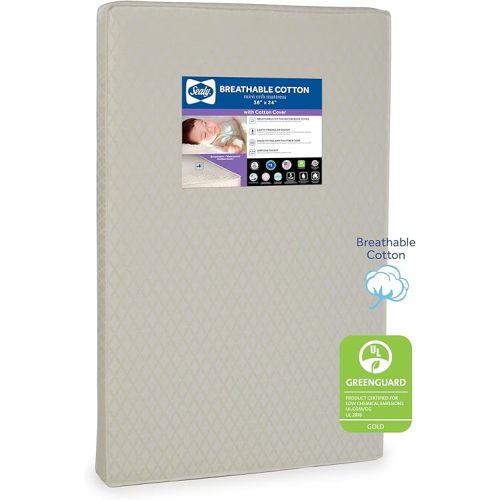 Sealy Baby Breathable Waterproof Cotton Portable Mini Crib Mattress, Premium Sustainable Non Toxic Core, Hypoallergenic, GREENGUARD Gold Certified, Safety & Quality Tested, Made in USA, 38x24"