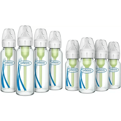 Dr. Brown's Anti-Colic Options + Narrow Glass Baby Bottle with Level 1 Slow Flow Nipple, BPA-Free, 0m+, 4 oz/120mL, 4-Pack + 8oz/250mL, 4-Pack
