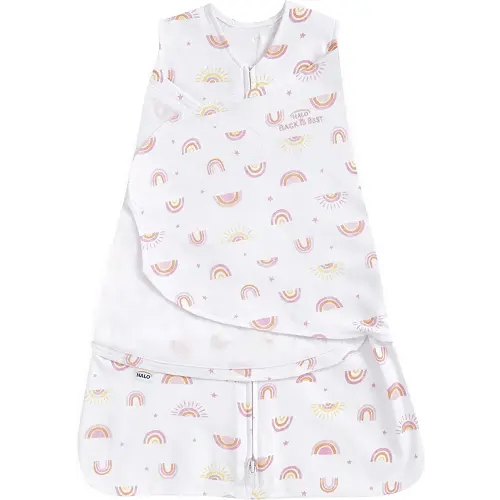 HALO 100% Cotton Sleepsack Swaddle, 3-Way Adjustable Wearable Blanket, TOG 1.5, Sunshine Rainbows, Newborn, 0-3 Months