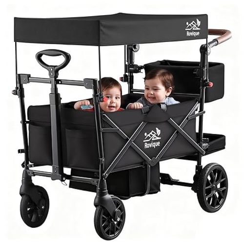 Wagon Stroller for 2 Kids, Premium Stroller Wagon for Kids with Removable Canopy, Safety Harness, Adjustable Handlebar & Storage Organizer, All-Terrain Foldable Baby Wagon for Outdoors