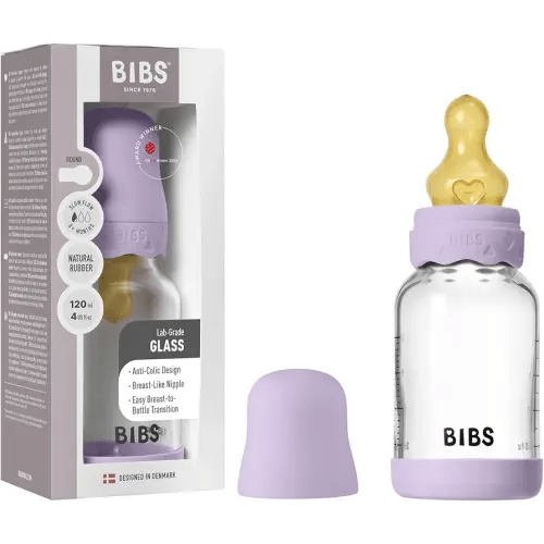 BIBS Boheme Baby Glass Bottle 4 oz /120 ml. Anti-Colic. Round Natural Rubber Latex Nipple. Supports Natural Breastfeeding - Violet Sky