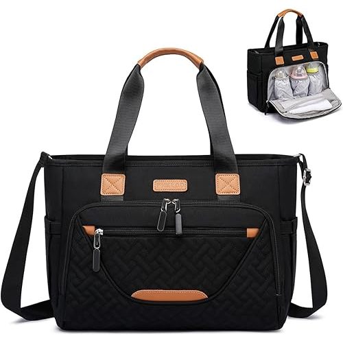 Diaper Bag Tote for Women, Exquisite Baby Bag with Insulated Pocket and 16" Laptop Compartment for Mam and Dad Essentials (Black)