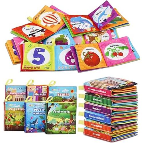 Dr.Rapeti Soft Cloth Books Baby Books Bath Books 6-Pack for Baby Infant Toddler Kids Crinkle Squeaky Washable Chewable Non-Toxic Early Educational Giftable