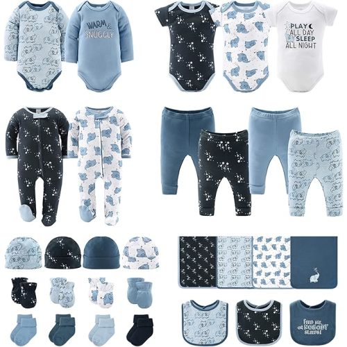 The Peanutshell Baby Layette Gift Set for Boys - 30 Piece Layette Set, Newborn to 9 Months Baby Boy Clothes - Elephant Blue