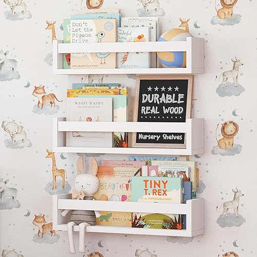 NATURE SUPPLIES Set of 3, 16.4" White Floating Nursery Shelves for Wall, Kids Bookshelf for Bedroom, Nursery Storage, Decorative Display for Kids Rooms, Modern Wall-Mounted Organizer for Home