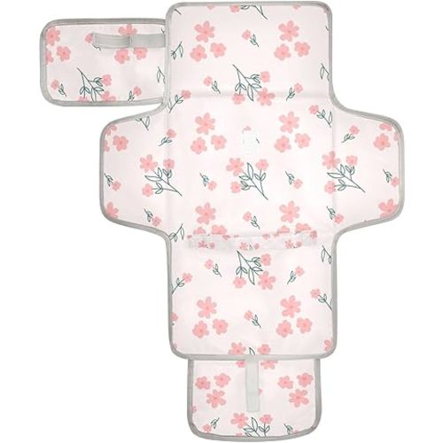 Portable Diaper Changing Pad Travel Baby Changing Mat Waterproof Diaper Changing Mat Foldable Lightweight Baby Changer with Built-in Pillow Floral Pink
