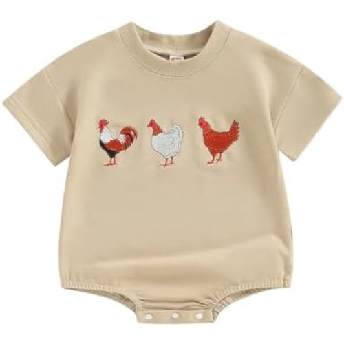 Western Baby Boy Girl Romper Short Sleeve Shirt Romper Chicken Embroidery Bodysuit One Piece Farm Summer Clothes