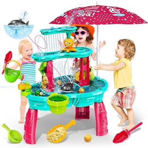 VATOS Sand Water Table Toys for Toddlers Kids - with Water Pumb & Umbrella 3-Tier Kids Splash Table, Water Play Toys for Outside Outdoor Backyard, Toddler Sand Sensory Table for Boys Girls