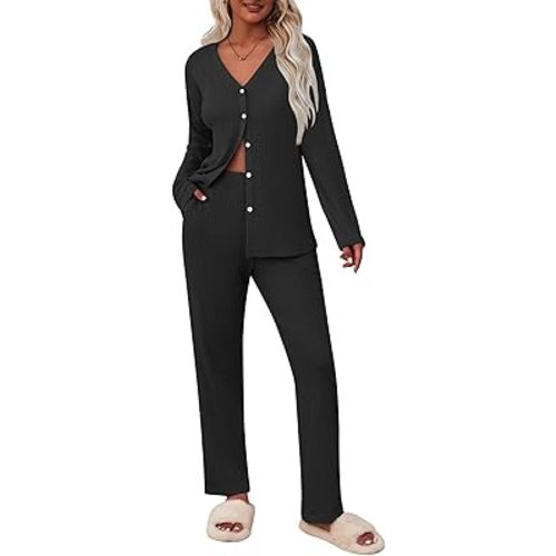 Ekouaer Womens Waffle Knit Pajamas Loungewear Two-piece Sleepwear Button-Down Pj Set with Pockets