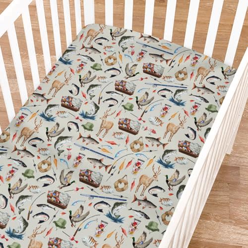 Vintage Hunting Fishing Baby Crib Sheets for Girl Boy 52"x28" Fishing Hunting Deer Ducks Crib Mattress Covers Soft Breathable Hunting Animal Baby Sheets for Standard Crib and Toddler Mattress Pads
