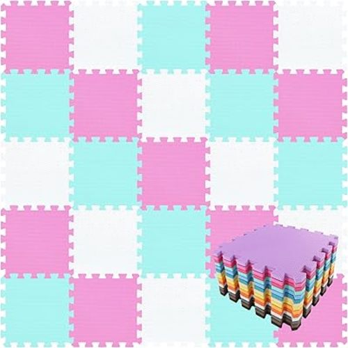 qqpp EVA Rubber 18 Tiles Interlocking Puzzle Foam Floor Mats - Baby Play Mat for Playing | Exercise Mat for Home Workout. White, Pink, Green. QC-ACHb18N