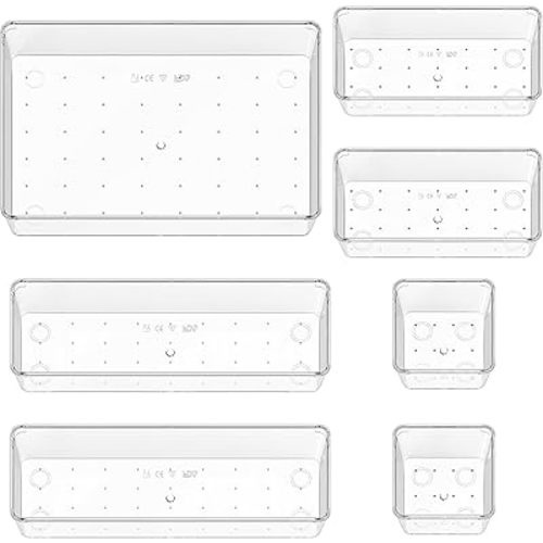 7 Piece Clear Plastic Drawer Organizers Set Vanity Organizers Stackable Storage Bins Dividers for Makeup, Bedroom, Kitchen Desk Drawer Divider Organizers for Kitchen, Bedroom, Bathroom, Office