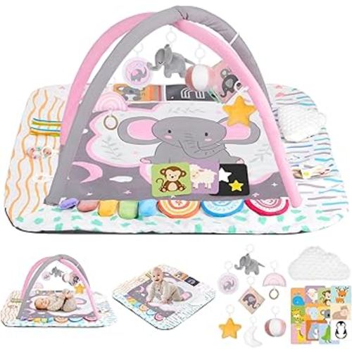 Baby Play Mat Activity Gym with Tummy Time Pillow, 6 Developmental Zones Tummy Time Mat, 6 Detachable Sensory Toys and Educational Cards, Essential Baby Shower Set, Pink Elephant