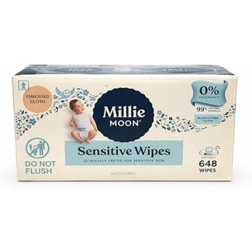 Millie Moon Sensitive Wipes, 648 Count, 0% Fragrance, 99% Natural Formula, Plastic-Free Cloth, Embossed