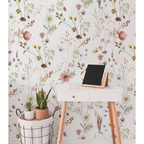 Watercolor Wild Flower Wallpaper | Soft Botanical Field Floral Wall Mural | Peel and Stick Little Florals with Grass Wallpaper