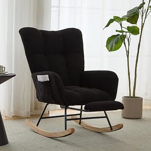 Nursery Rocking Chair Teddy Upholstered Glider Rocker with Footrest Accent Chair with High Backrest Armchair Comfy Side Pocket Chair for Living Room, Bedroom, Offices (Large Black)