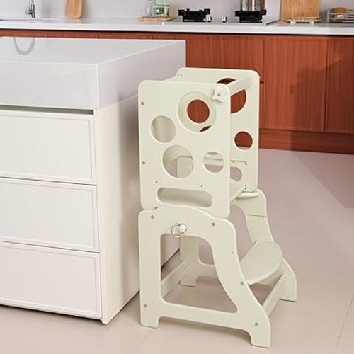 Toddler Tower,Kitchen Step Stool for Children,3 in 1 Wooden Learning Tower with Montessori Weaning Table and Chalkboard-Premium Birchwood, Adjustable Platform