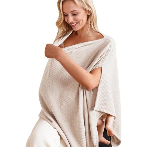 Konssy Knitted Nursing Cover for Breastfeeding, Soft & Breathable Privacy Poncho, Multi-Use Feeding Shawl, Comfortable & Portable Breastfeeding Cover for Women (Beige)