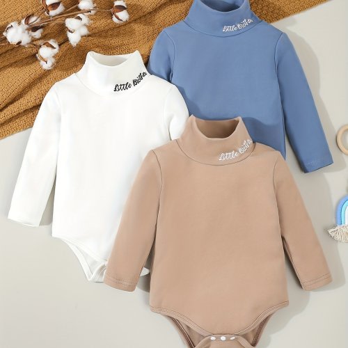 3-Pack Baby Boys' Casual Knit Turtleneck Bodysuits with Embroidered Alphabet Detail, Soft Comfortable Slight Stretch Regular Fit Outfits for Fall/Winter, for Outdoor