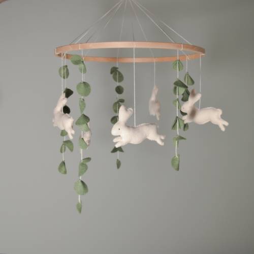 Bunny mobile nursery decor Eucalyptus nursery mobile Felt mobile Rabbit nursery Woodland mobile Baby shower gift Felt hanging mobile
