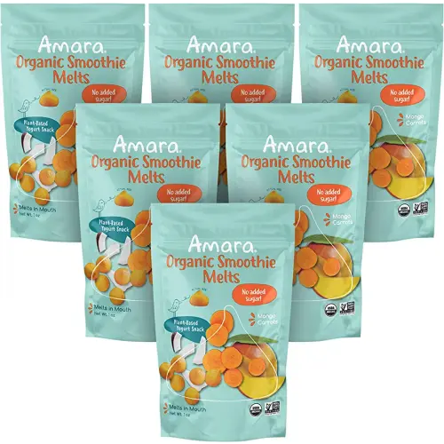 Amara Smoothie Melts - Mango Carrot - Baby Snacks Made With Fruits and Vegetables - Healthy Toddler Snacks For Your Kids Lunch Box - Organic Plant Based Yogurt Melts - 6 Resealable Bags