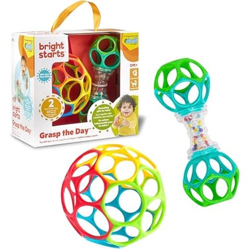 Bright Starts Easy-Grasp Oball Bundle Gift Set - Grasp The Day, Ball and Rattle Toys 2-Pack, BPA Free, Unisex, Newborn+