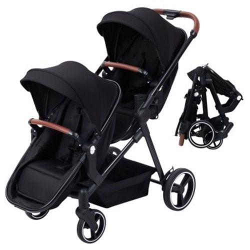 GustoWave Double Track Tandem Stroller, Foldable Bassinet Pram for Infant and Toddler, Multi-Position Reversible Pushchair with Large Storage Basket