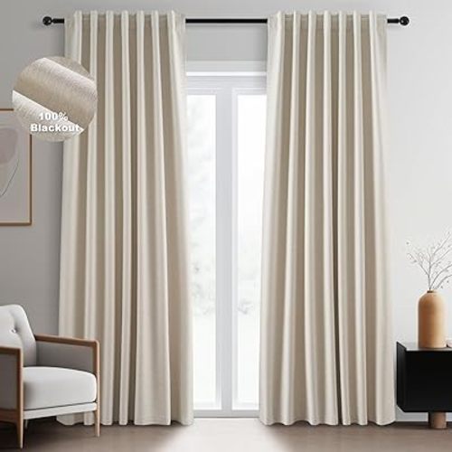 Topfinel Beige Linen Blackout Curtains 84 Inch Long, Modern Black Out Curtains for Bedroom Windows Treatments, Cream Heat & Cold Blocking Back Tab Pleated Drapes for Living Room 2 Panels Cottage 7 FT