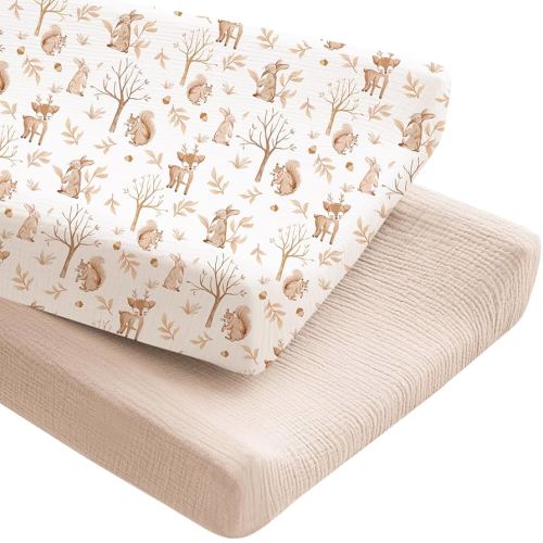 Konssy 2 Pack Muslin Changing Pad Covers for Boys, Ultra Soft & Breathable Cotton Baby Diaper Changing Table Covers, Neutral Nursery Diaper Changing Pad Sheets (Fall Forest,Wheat)