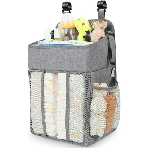 Maliton Changing Table Diaper Organizer - Baby Hanging Diaper Stacker Nursery Caddy Organizer for Cribs Playard Baby Essentials Storage - Hold 52+ Diapers - 18.5" x 10.5" x 8" (Gray)