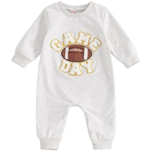 Honganda Newborn Baby Boy Girl Football Outfit Long Sleeve Game Day Embroidery Jumpsuit Fall One Piece Romper Playsuit