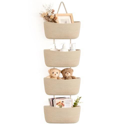 Dahey Over The Door Hanging Basket 4-Tier Woven Boho Wall Mounted Storage Organizer with Hooks for Bedroom Nursery Bathroom Apartments Dorm Pantry Decor, Jute