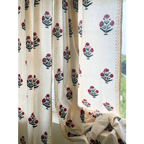 Red + Blue Poppy Flower Hand Block Printed Cotton Curtains, Organic Cotton Shades, Organic Cotton Drapes, Various Sizes