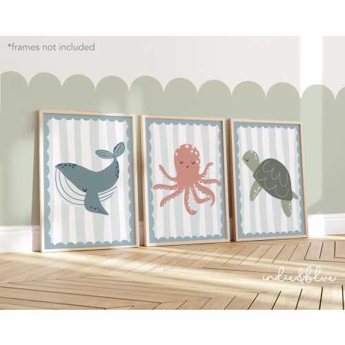 Set of 3 Unframed Sea Animals Prints in Blue, Ocean Nursery Prints, Under the Ocean Prints, Whale Print, Octopus Print, Turtle Print