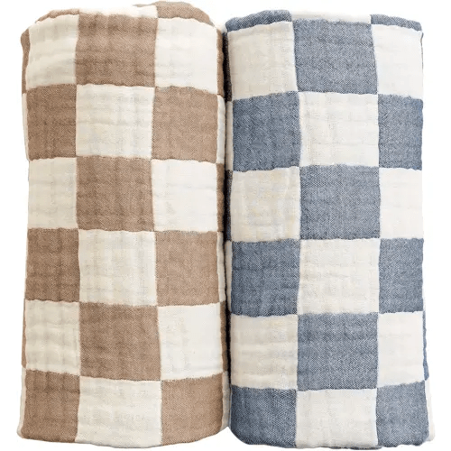 Ultra Soft Checkered Muslin Baby Blanket Pack of 2 Cotton Swaddles Bed Blankets for Babies and Toddlers Boys Newborn 42 x 42 inches (Blue and Coffee)