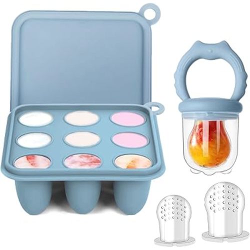 Silicon Baby Fruit Feeder: Baby Food Feeder Pacifier for Baby Girls + Baby Food Freezer Tray for Baby Teething Relief - Breastmilk Popsicle Mold/Food Storage Containers Encourage Infant Self Feeding (Cat blue)