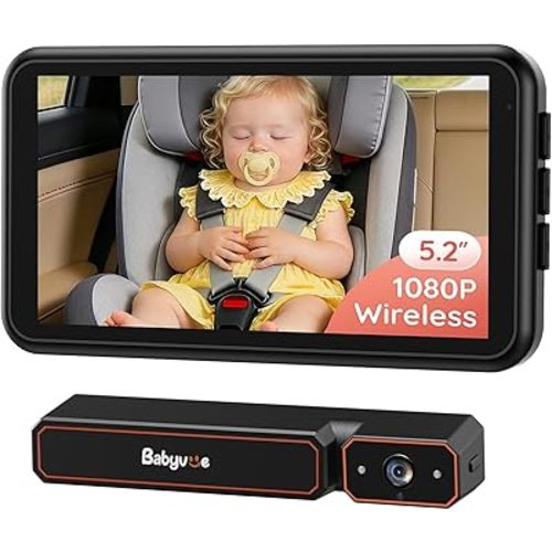 Babyvue Wireless Baby Car Monitor with Fast Setup, 5.2-inch Display, Clip-on or Strap Mount, 1080P HD IR Night Vision, 3X Zoom, Wireless Baby Car Monitor