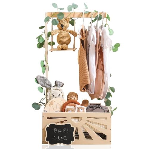 8 in 1 Wooden Baby Shower Crate Closet, Baby Basket with Handle,Baby Footprint Kit, Basket for Baby Shower Gifts, Baby Shower Wooden Gift Crate, Baby Personailzed Basket for Pregnancy New Parent