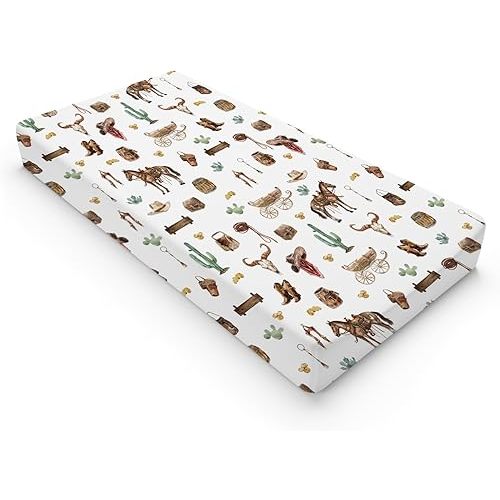 Western Cowboy Changing Pad Covers Cowboy Hats Boots Coins Cactus Goat Skull Horse Diaper Changing Pad Table Sheets for Boys Soft Breathable Stretchy Baby Change Table Pad Mats Covers 32''x16''