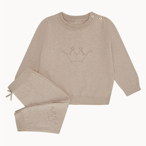Pointelle Crown Crawler Set - Biscuit | Marie-Chantal