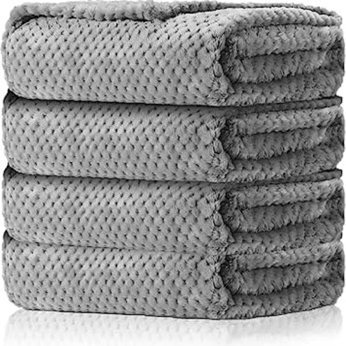 4 Pack Baby Fuzzy Blanket 30 x 40 Fluffy Waffle Flannel Fleece Baby Blanket for Newborn Infant Baby Receiving Blanket for Crib Stroller Travel Decorative (Gray)