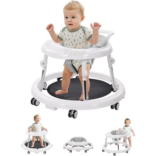 Baby Walker with Wheels: Adjustable Height & Foldable Design, Mute Wheels & Anti-Rollover Feature, Includes Footrest, Perfect for Boys & Girls 6-18 Months