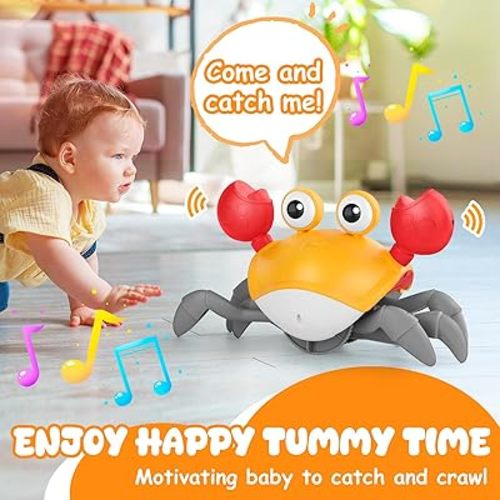 Crawling Crab Baby Toy, Upgraded Tummy Time Gifts for Newborn Babies 3-6 6-12 Month, Light-Up Walking Dancing Moving Crab with Music & Obstacle Avoidance, Rechargeable Sensory Development Toy (Orange)