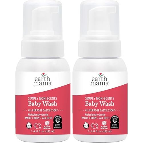 Earth Mama Simply Non-Scents Baby Wash Foaming Hand Soap, Organic Fragrance Free, Unscented Body Wash, Castile Soap with Coconut Oil, Shea Butter, Calendula, & Aloe, 6.27 fl oz (2-PK)