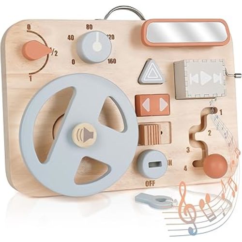 Busy Board for Toddder - Montessori Toys Wooden Busy Board, Kids Steering Wheel Toy, Montessori Sensory Board for Fine Motor Skills, Portable Baby Travel Toys for Boys Girls